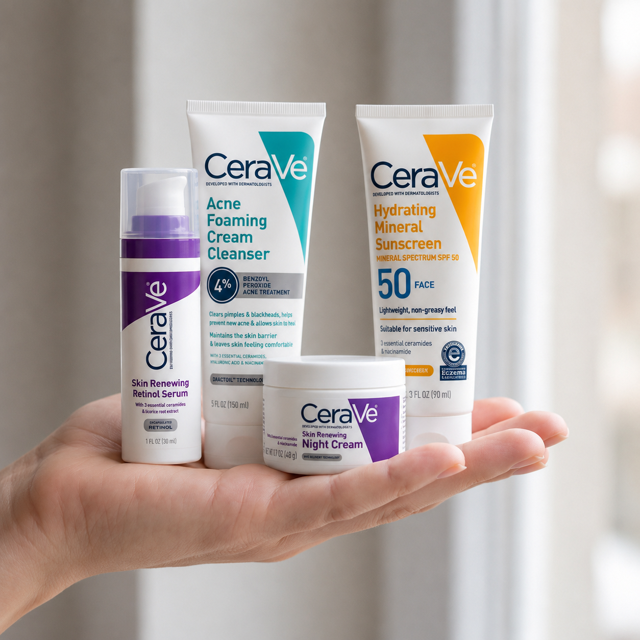 CeraVe 4-in-1 Complete Skincare Kit – Retinol Serum, Acne Foaming Cleanser, Night Cream & Hydrating Mineral Sunscreen SPF 50