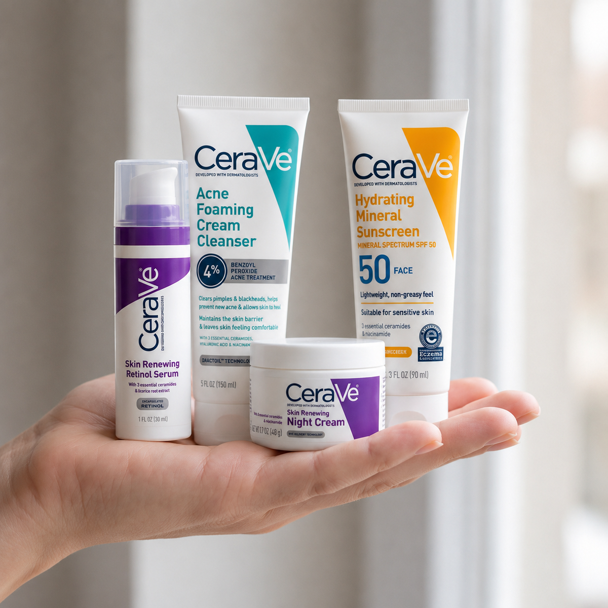 CeraVe 4-in-1 Complete Skincare Kit – Retinol Serum, Acne Foaming Cleanser, Night Cream & Hydrating Mineral Sunscreen SPF 50